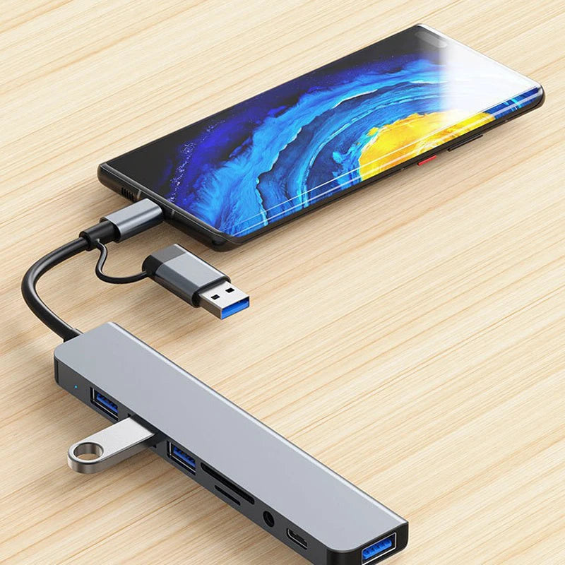 Estação de encaixe 8 em 2 USB + HUB tipo C com adaptador de entrada de áudio de 3,5 mm, leitor de cartão Micro SD, conversor de disco para laptop, tablet e telefone