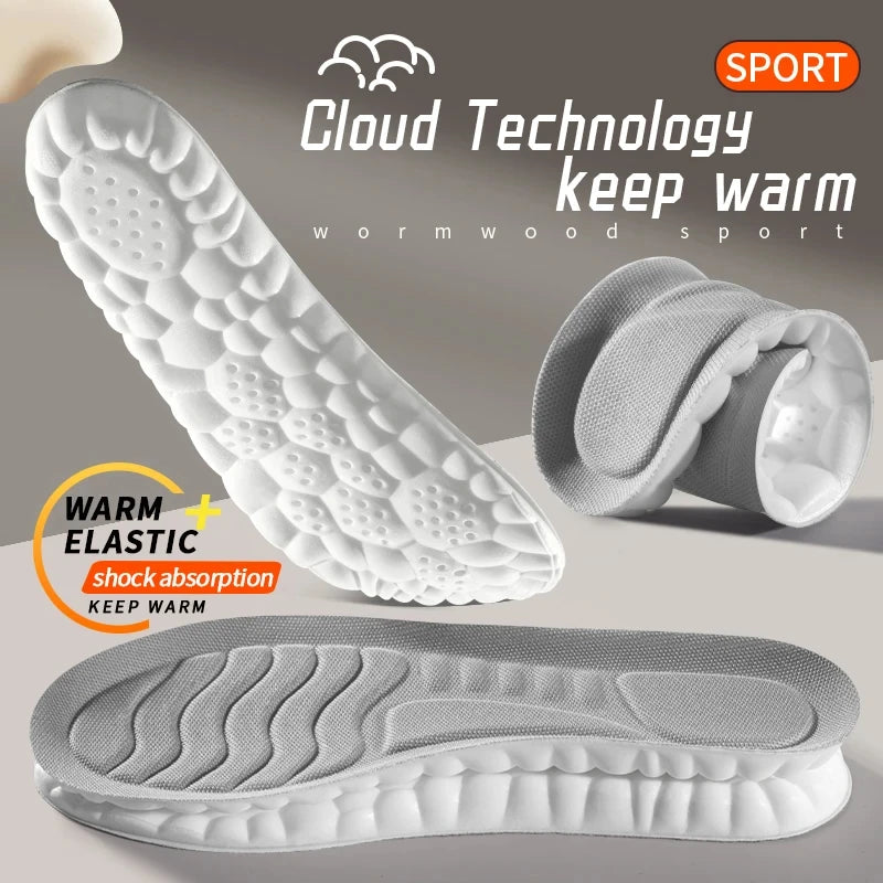 Palmilhas esportivas com tecnologia 4D Cloud para calçados, sola de PU macia, respirável, com amortecimento e absorção de impacto, ideais para corrida e cuidados ortopédicos.