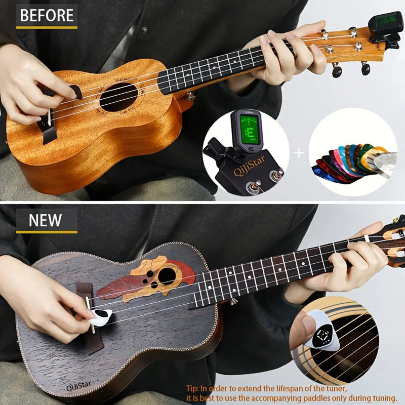 Palheta e afinador de guitarra 2 em 1 - Calibrador de afinação portátil e multifuncional para violões e ukuleles folk, temperamento igual de 12 tons.