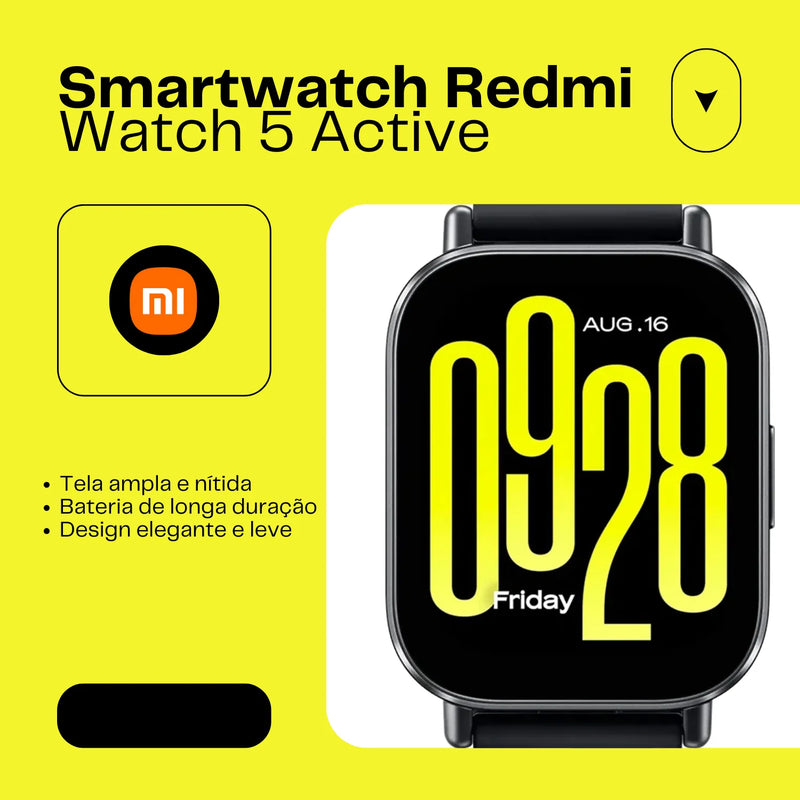 Relógio inteligente Redmi Watch 5 Active 2 polegadas LCD 60Hz Resistência à água 5ATM Monitor de sono e condicionamento físico Bateria de até 18 dias