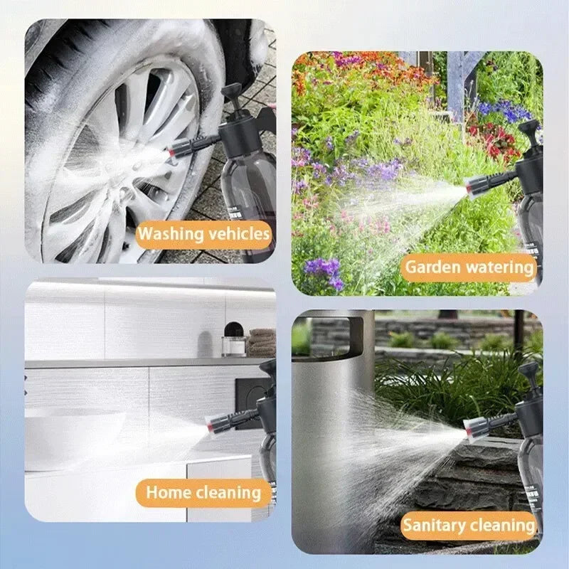 Pistola de espuma manual de 2 litros com válvula de alívio de pressão, ideal para lavagem de carros e limpeza de vidros.