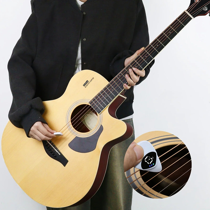 Palheta e afinador de guitarra 2 em 1 - Calibrador de afinação portátil e multifuncional para violões e ukuleles folk, temperamento igual de 12 tons.