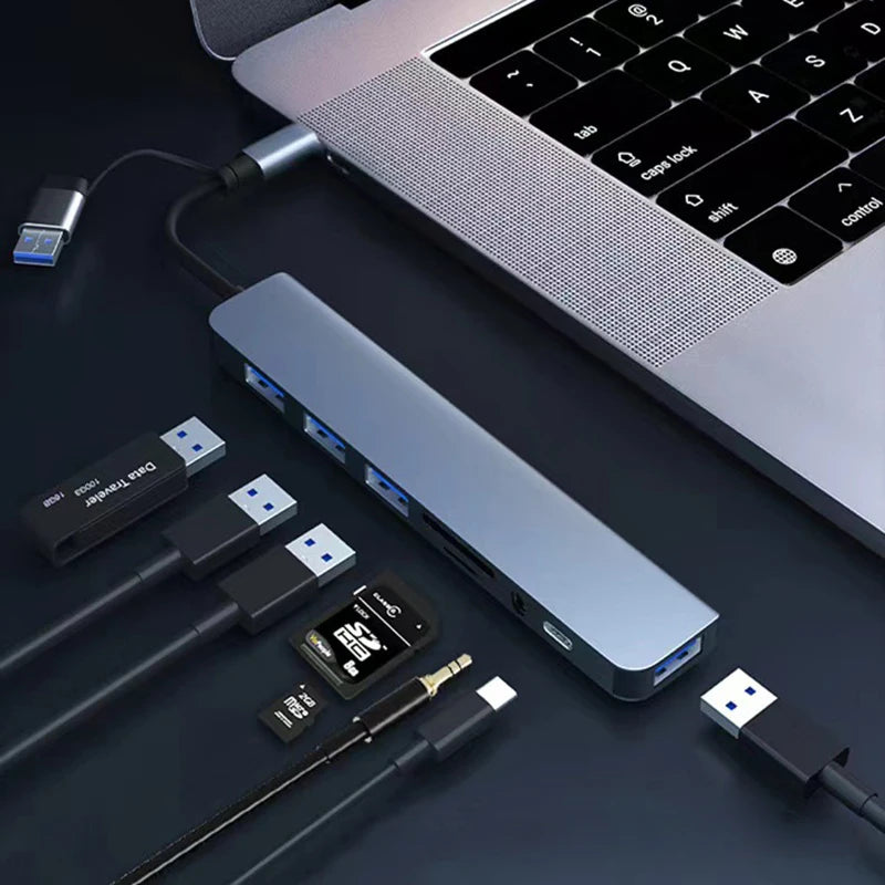 Estação de encaixe 8 em 2 USB + HUB tipo C com adaptador de entrada de áudio de 3,5 mm, leitor de cartão Micro SD, conversor de disco para laptop, tablet e telefone