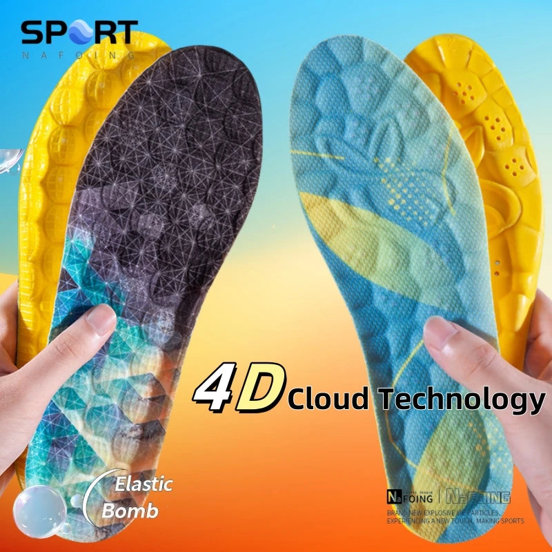 Palmilhas esportivas com tecnologia 4D Cloud para calçados, sola de PU macia, respirável, com amortecimento e absorção de impacto, ideais para corrida e cuidados ortopédicos.