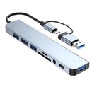 Estação de encaixe 8 em 2 USB + HUB tipo C com adaptador de entrada de áudio de 3,5 mm, leitor de cartão Micro SD, conversor de disco para laptop, tablet e telefone