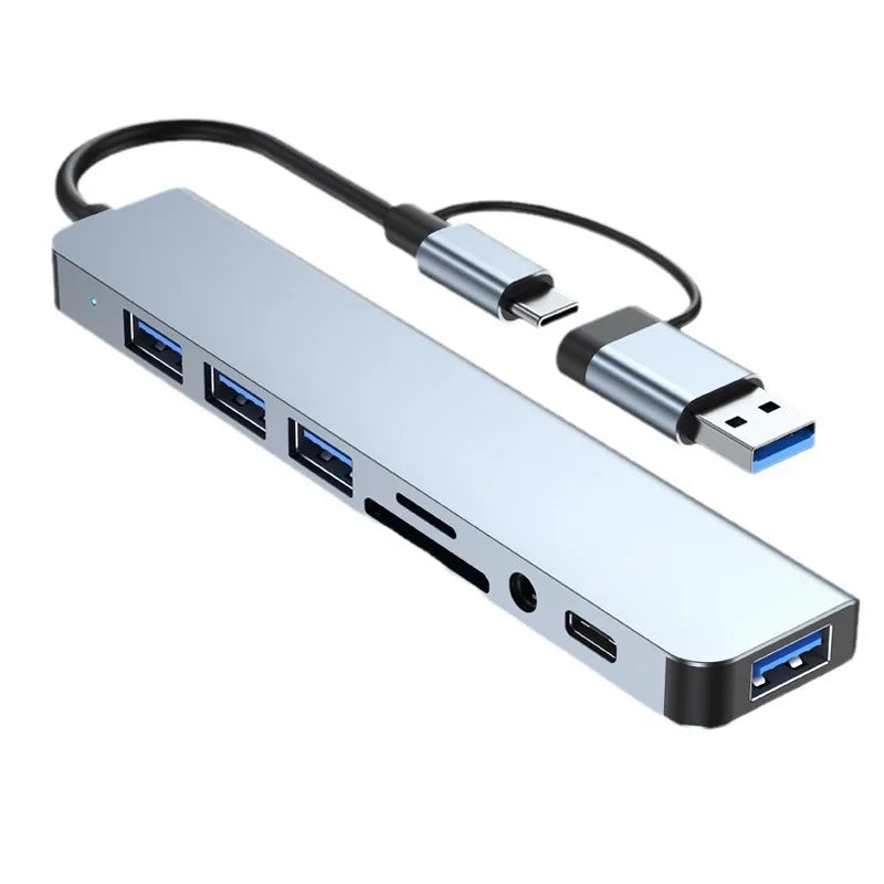 Estação de encaixe 8 em 2 USB + HUB tipo C com adaptador de entrada de áudio de 3,5 mm, leitor de cartão Micro SD, conversor de disco para laptop, tablet e telefone