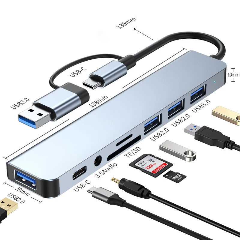Estação de encaixe 8 em 2 USB + HUB tipo C com adaptador de entrada de áudio de 3,5 mm, leitor de cartão Micro SD, conversor de disco para laptop, tablet e telefone
