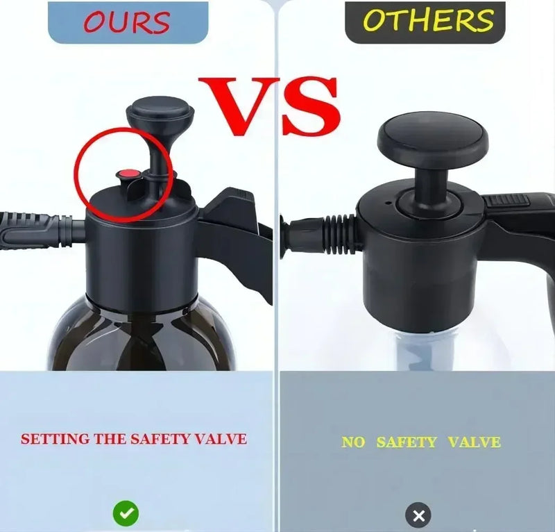 Pistola de espuma manual de 2 litros com válvula de alívio de pressão, ideal para lavagem de carros e limpeza de vidros.